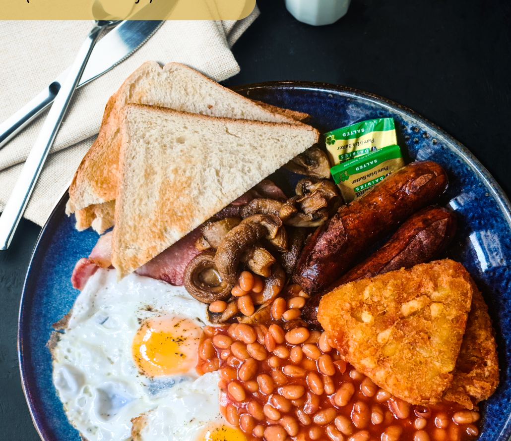 Full English breakfast on a blue-rimmed plate
