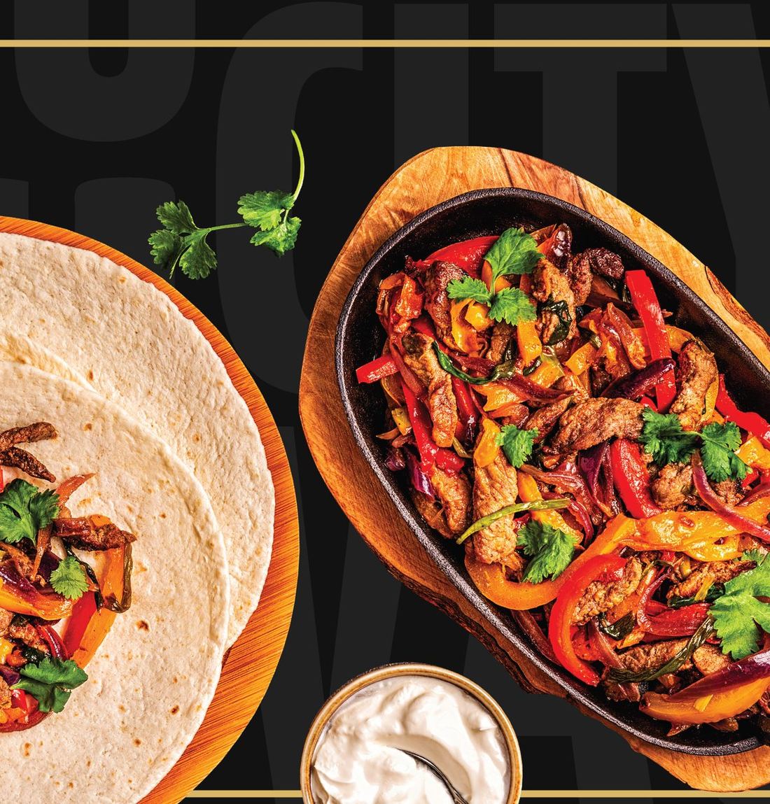 Sizzling chicken fajitas with tortillas